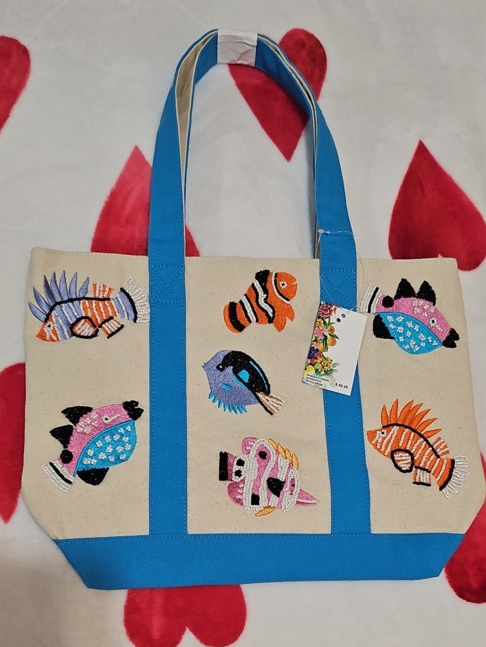 Canvas Tote Bag with Colorful Fish Embroidery&Beads- Blue Trim